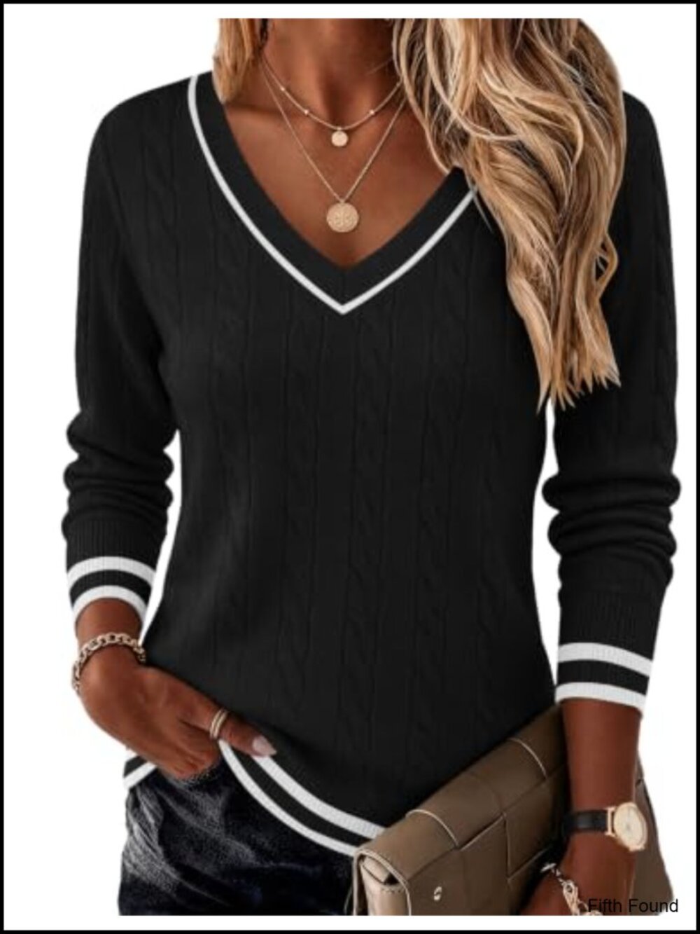 Ekouaer Womens Cable Knit V Neck Sweater Long Sleeve Pullover Fall Winter Top